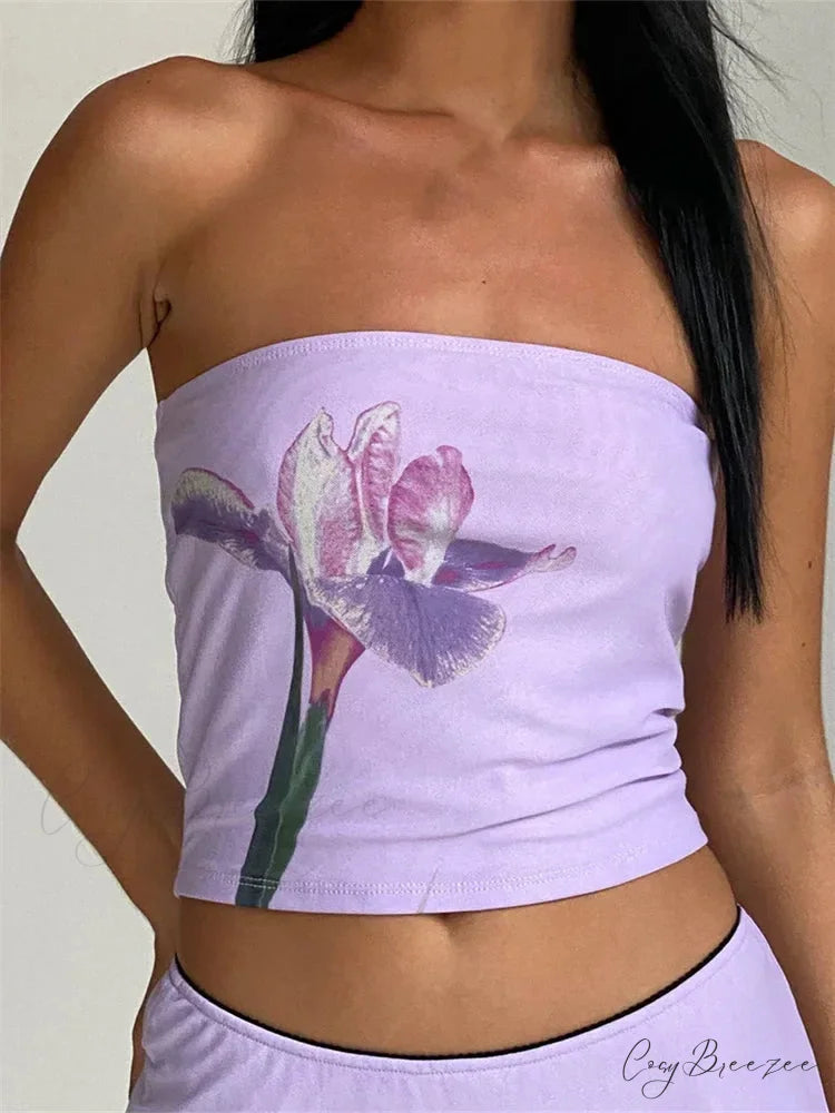 Vintage Floral Strapless Backless Party Crop Top PURPLE2 / S croptop-250126
