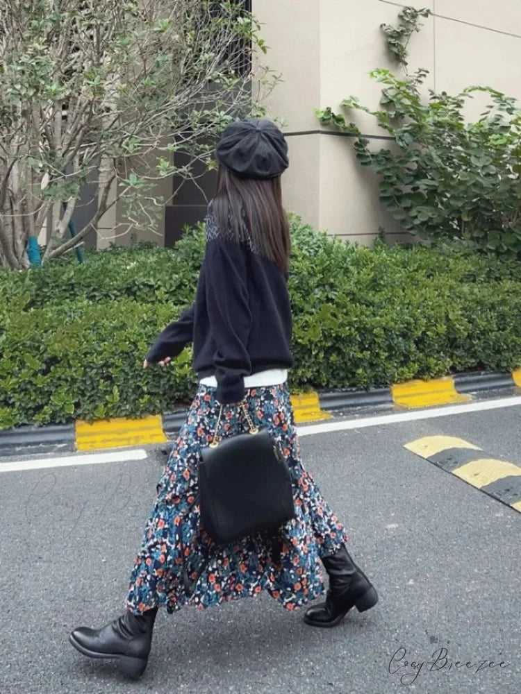Vintage Flower Print High Waist Pleated Skirt skirt-250126