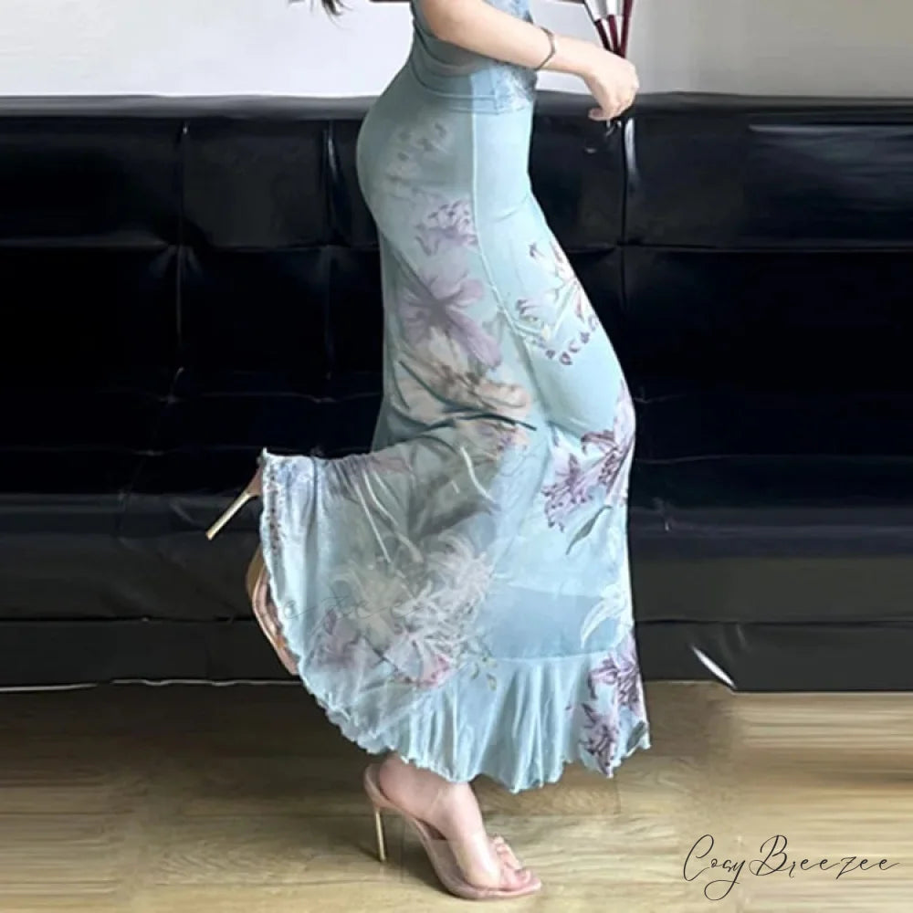 Vintage Flower Print Mesh Fishtail Slim Bodycon Y2K Skirt skirt-250126