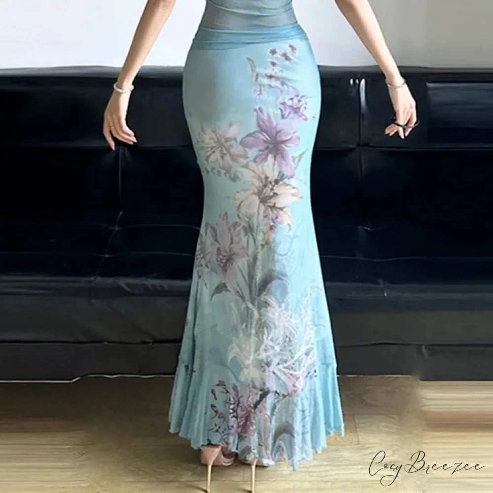 Vintage Flower Print Mesh Fishtail Slim Bodycon Y2K Skirt skirt-250126