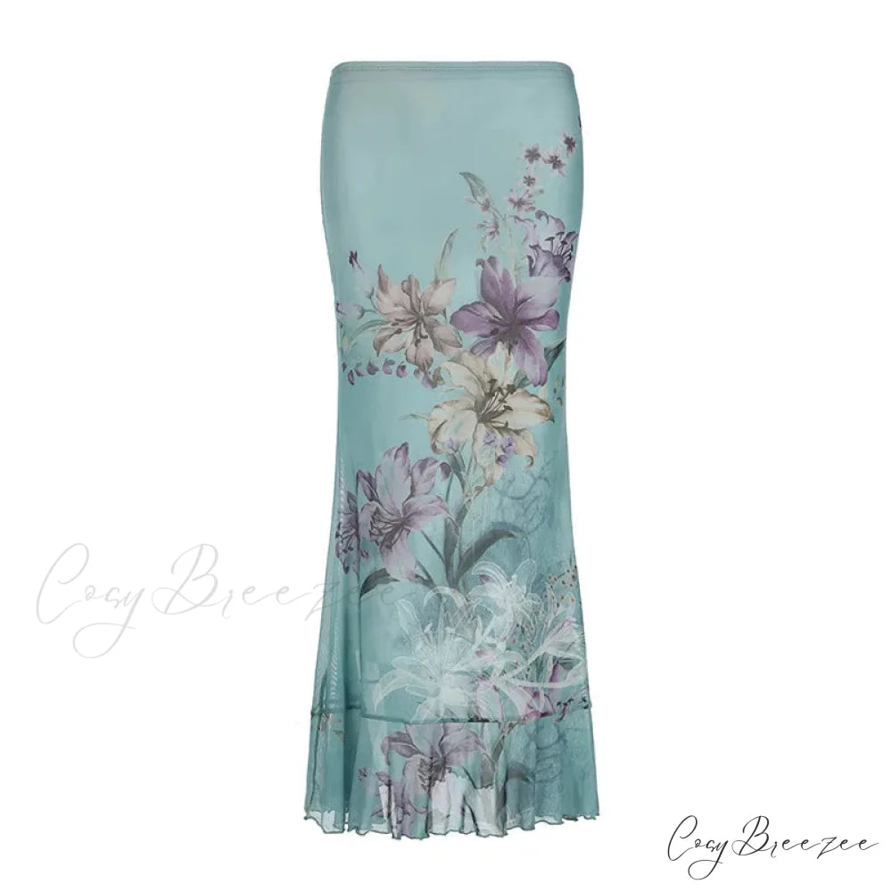 Vintage Flower Print Mesh Fishtail Slim Bodycon Y2K Skirt skirt / S skirt-250126