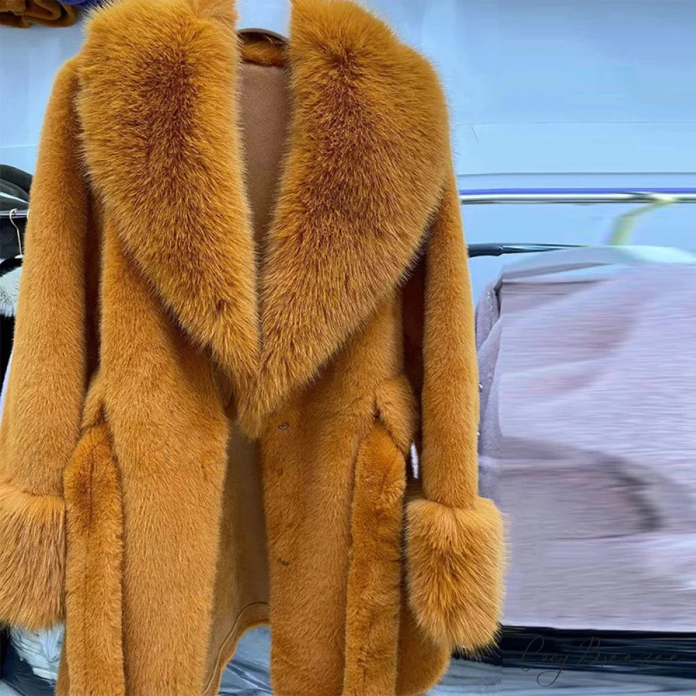 Vintage Fox Fur Belted Luxury Coat Orange / L coats-241228