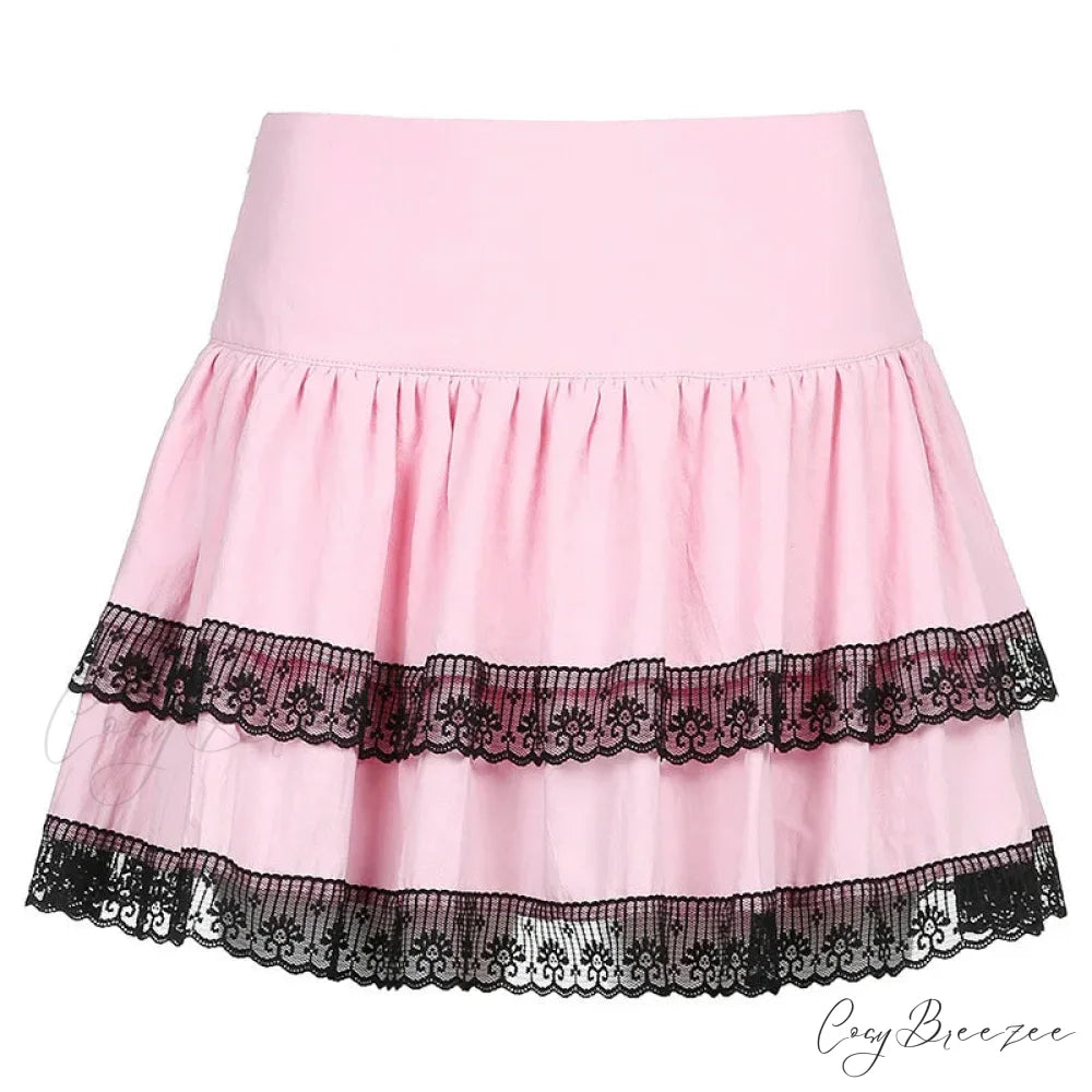 Vintage Gothic New Academy Style Pink Double Lace Stitched Skirt PINK / S