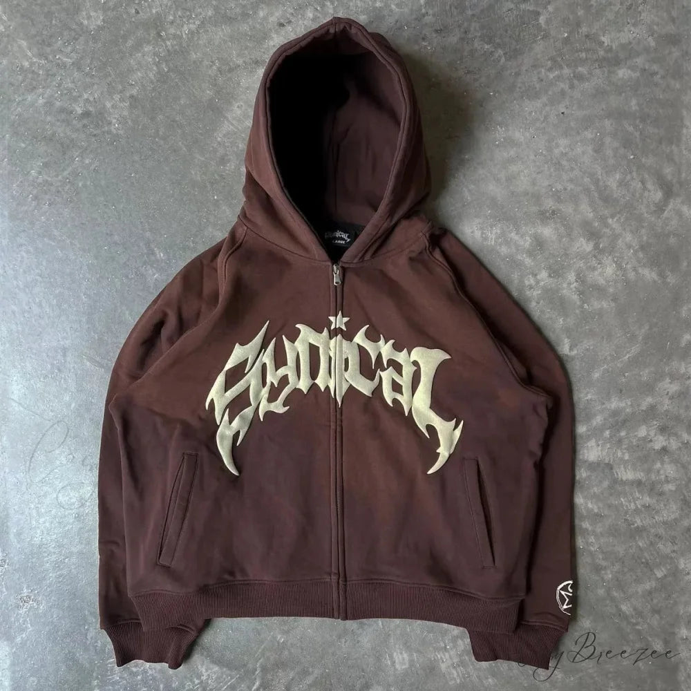 Vintage Gothic Printed Zipper Hoodie brown / M hoodies-241228