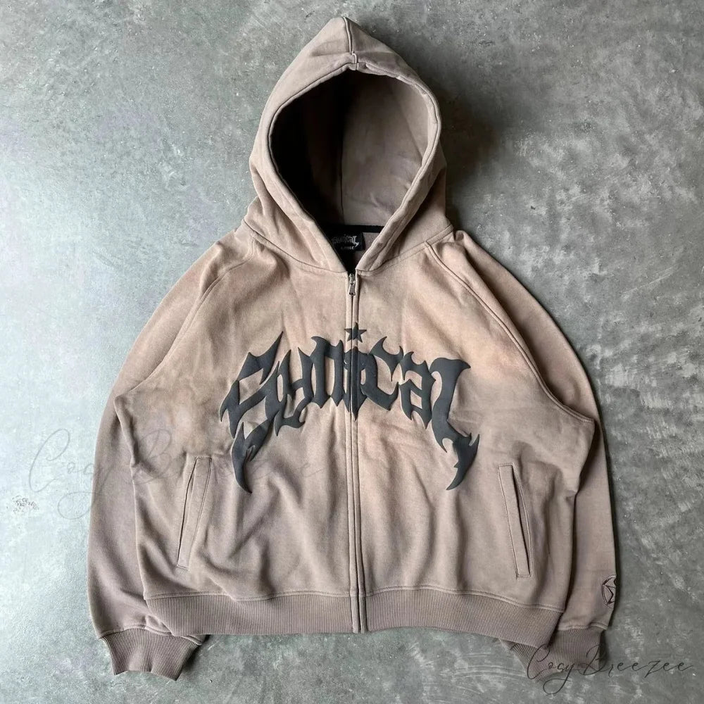 Vintage Gothic Printed Zipper Hoodie coffee / M hoodies-241228
