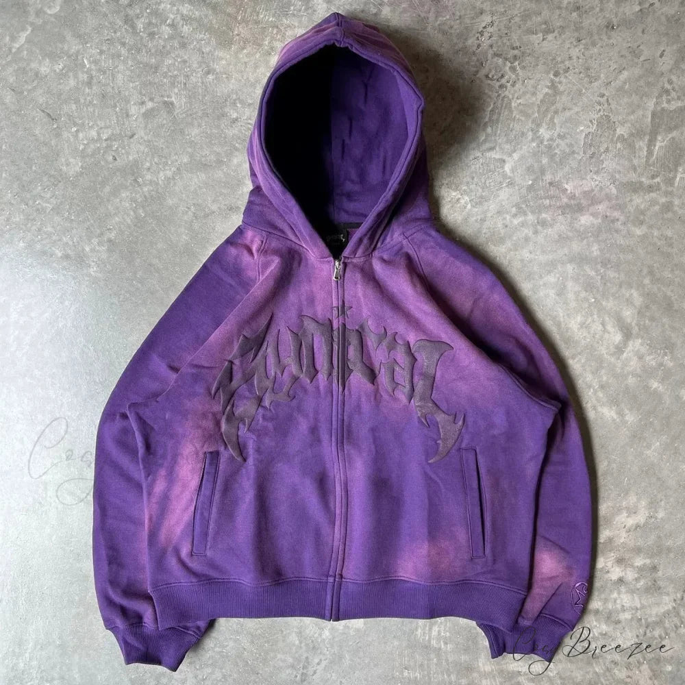 Vintage Gothic Printed Zipper Hoodie purple / M hoodies-241228