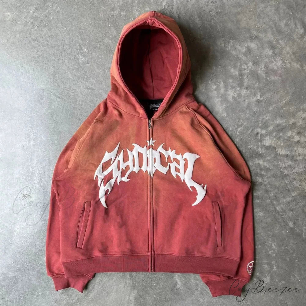 Vintage Gothic Printed Zipper Hoodie red / M hoodies-241228