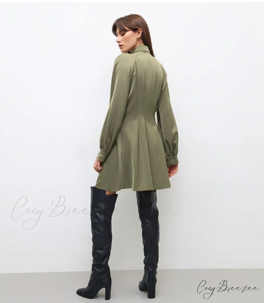Vintage Green Office Long Sleeve Lapel Short Dress for Autumn L / BLUE