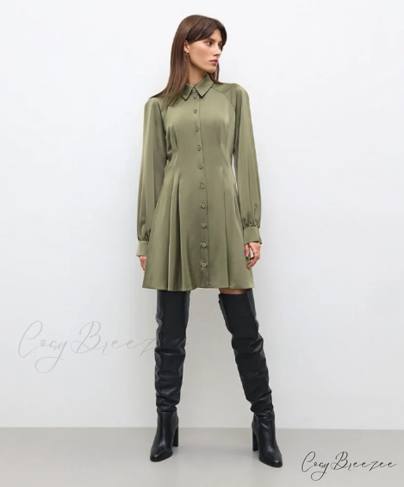 Vintage Green Office Long Sleeve Lapel Short Dress for Autumn M / BLUE