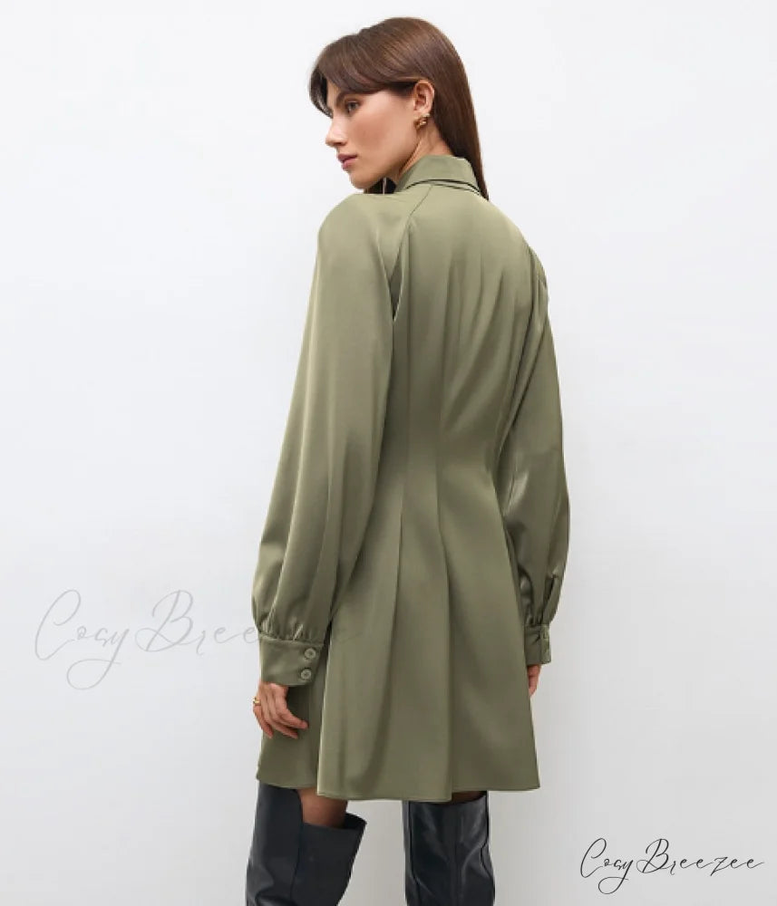 Vintage Green Office Long Sleeve Lapel Short Dress for Autumn S / BLUE