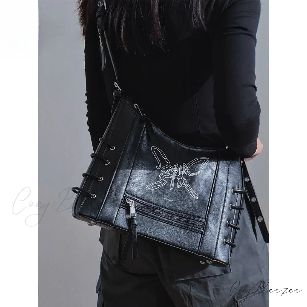 Vintage Harajuku Gothic High Street Butterfly Punk One Shoulder Motor Crossbody Bag Black