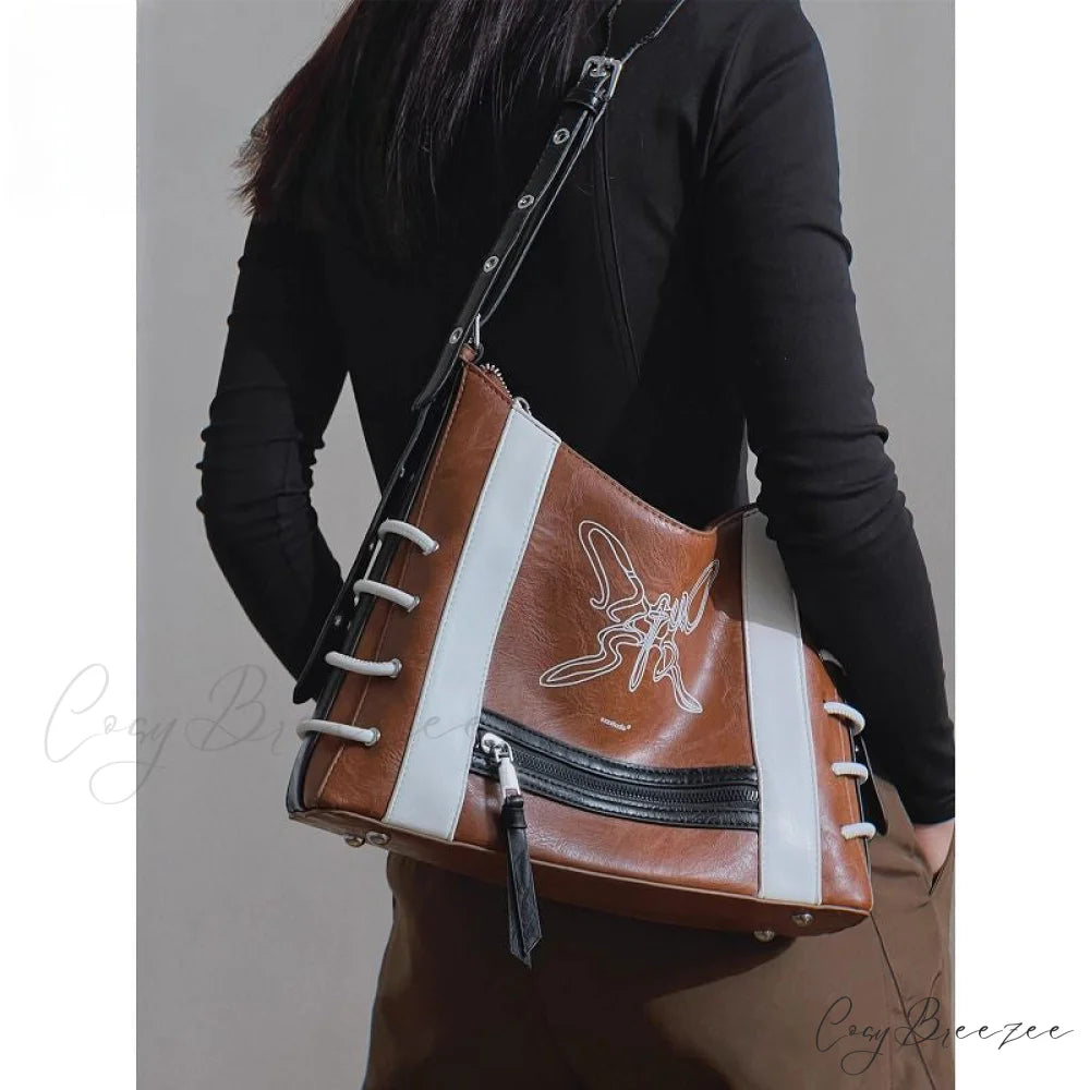 Vintage Harajuku Gothic High Street Butterfly Punk One Shoulder Motor Crossbody Bag Brown
