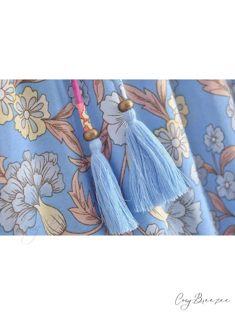 Vintage Hippie Blue Floral Print Beach Skirt High Elastic A-Line skirt-250126