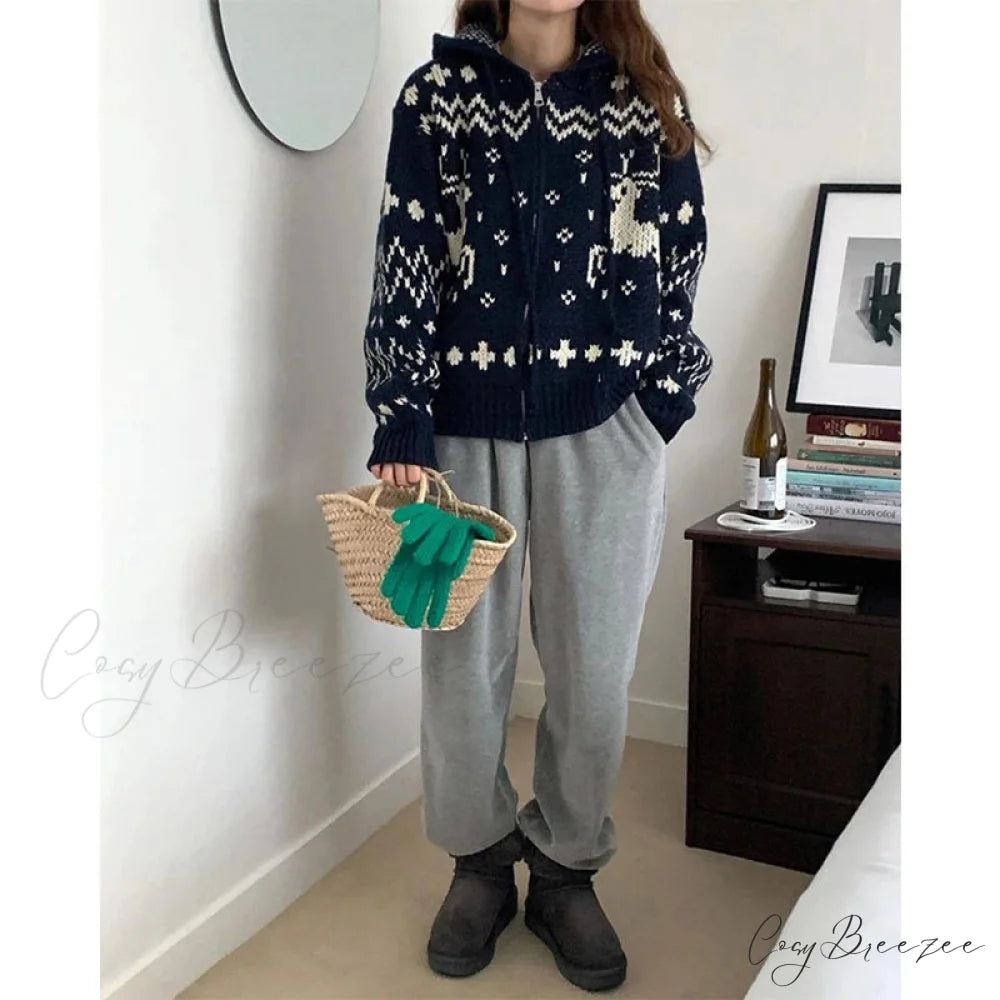 Vintage Hooded Jacquard Cardigan