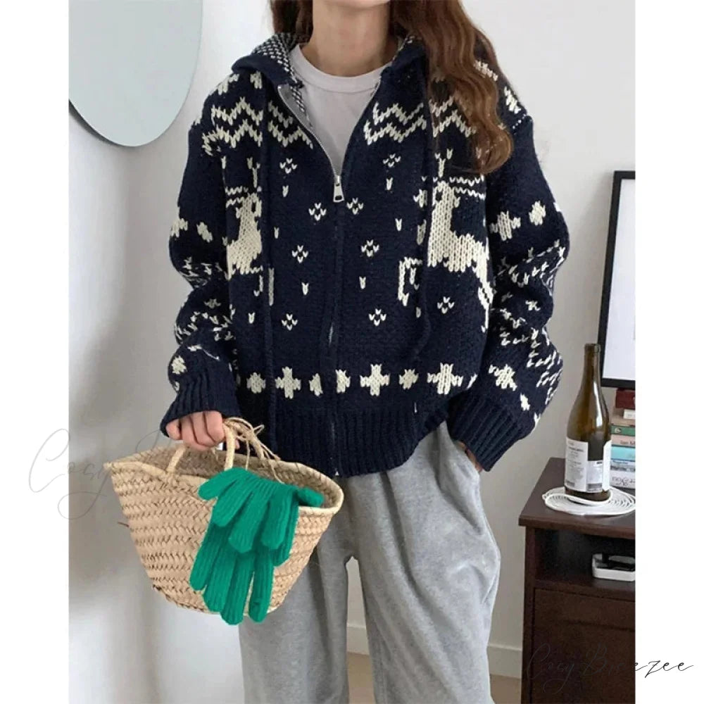 Vintage Hooded Jacquard Cardigan Navy Blue / One Size