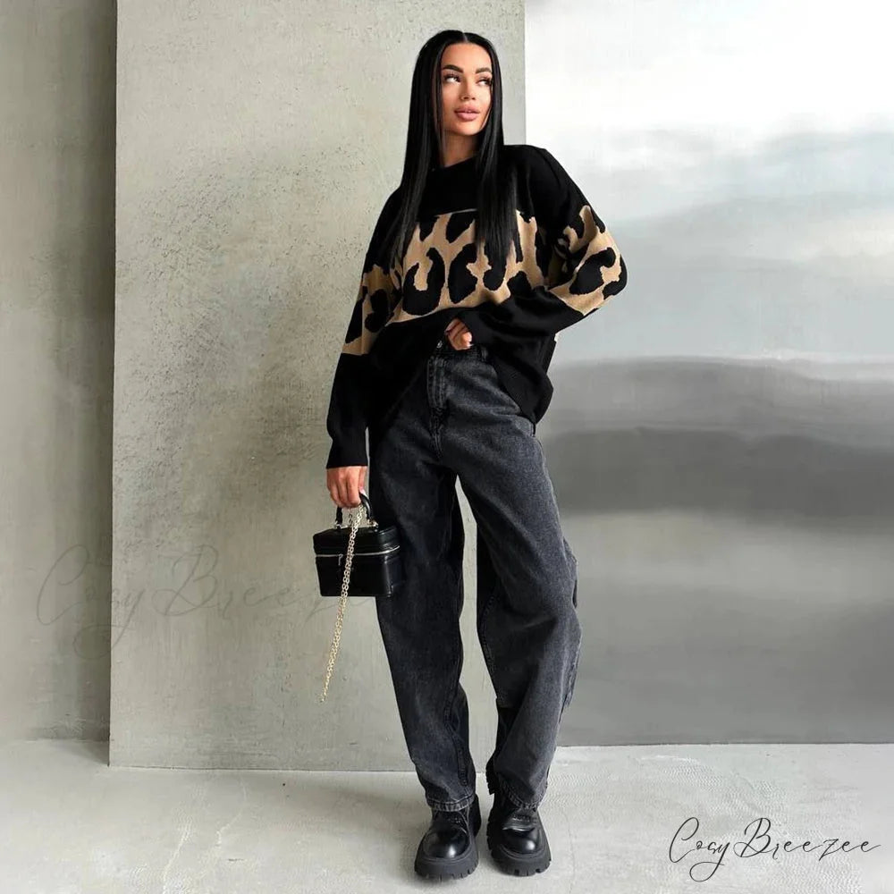 Vintage Leopard Print Loose Oversized Sweater Black / S swraters-241228