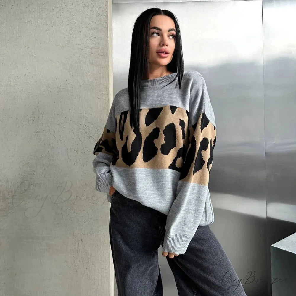Vintage Leopard Print Loose Oversized Sweater GRAY / S swraters-241228