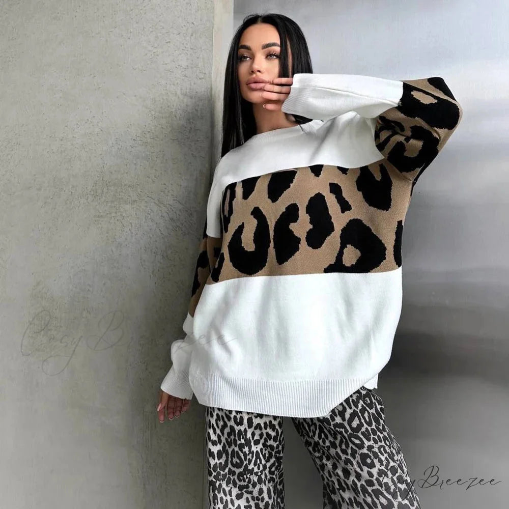Vintage Leopard Print Loose Oversized Sweater WHITE / S swraters-241228