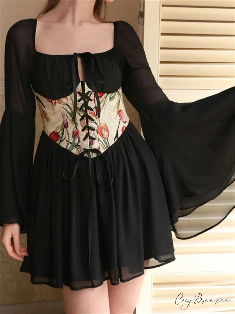 Vintage Off-Shoulder A-Line Bandage Dress Black / S floraldress-250126