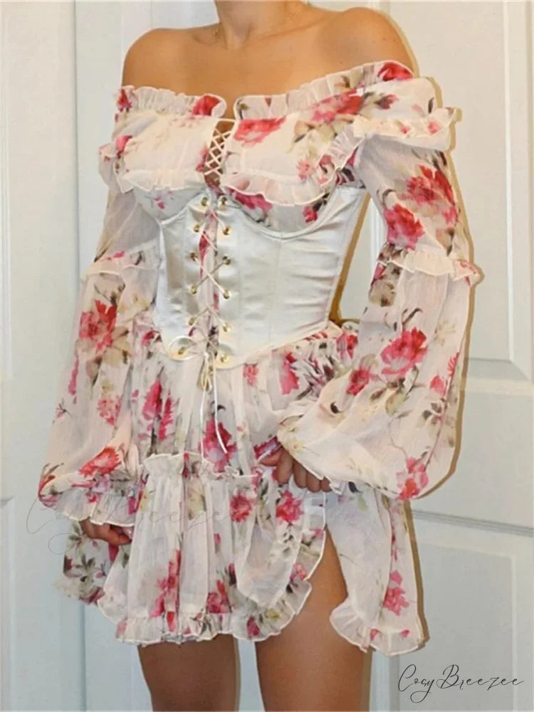 Vintage Off-Shoulder A-Line Bandage Dress MULTI / S floraldress-250126