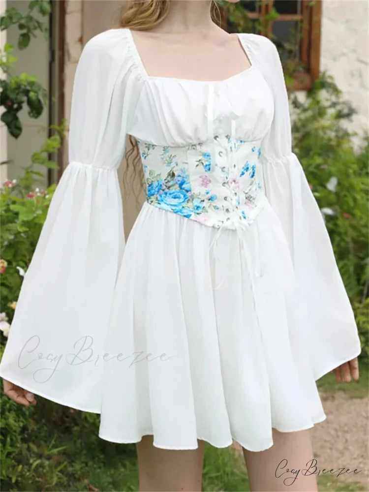 Vintage Off-Shoulder A-Line Bandage Dress WHITE / S floraldress-250126