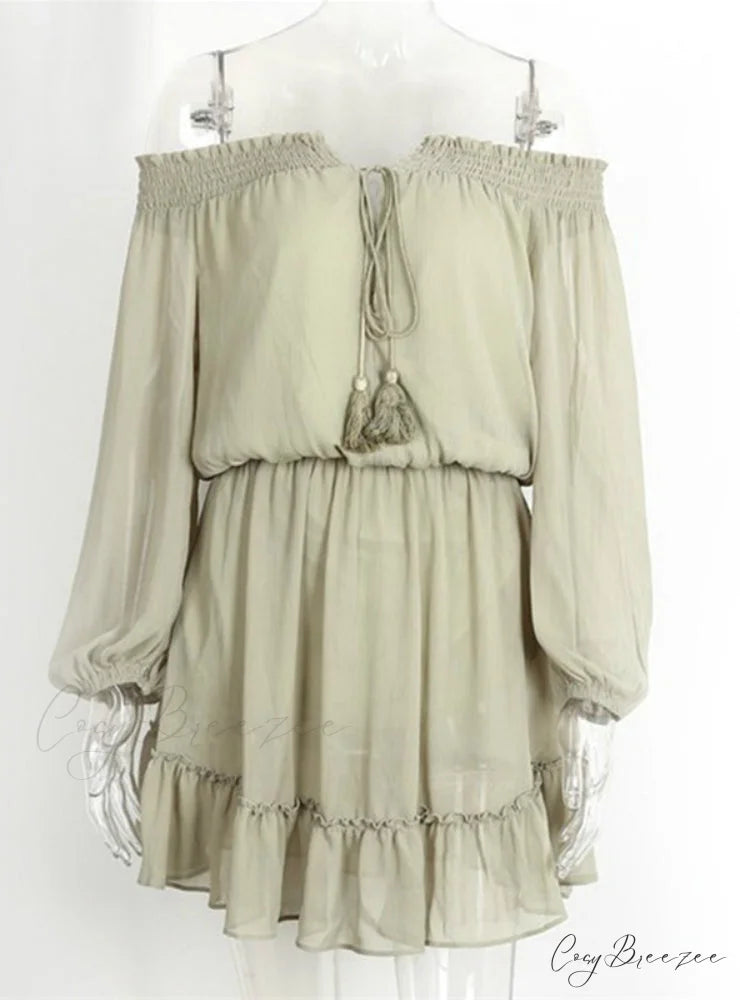 Vintage Off Shoulder Chiffon Dress with Long Lantern Sleeves M / Pink