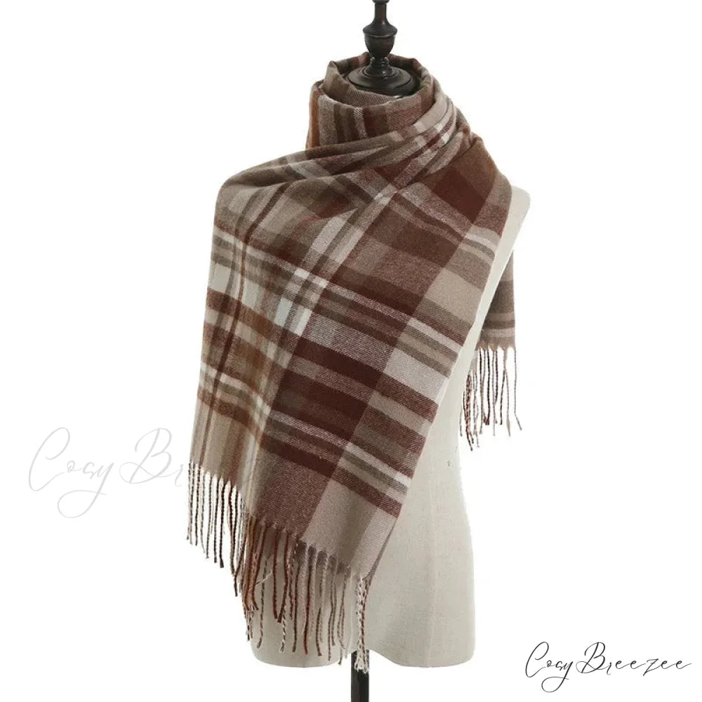 Vintage Plaid Cashmere Knit Tassel Scarf for Women BROWN