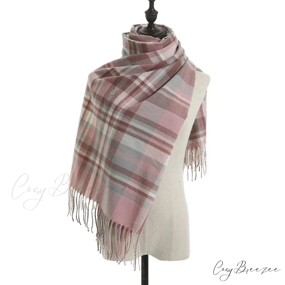 Vintage Plaid Cashmere Knit Tassel Scarf for Women PINK