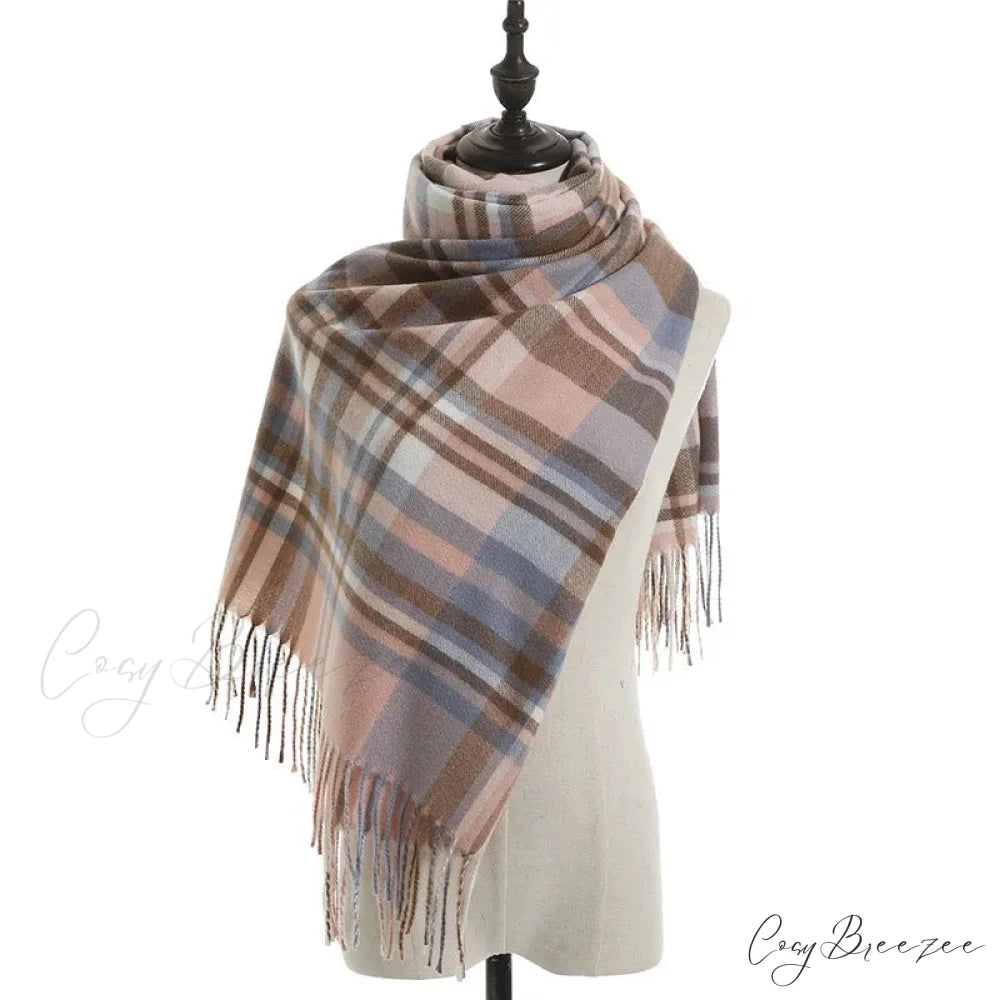 Vintage Plaid Cashmere Knit Tassel Scarf for Women PINK - BLUE