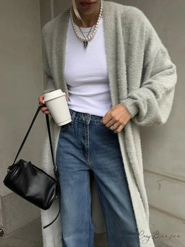Vintage Plain Fluffy Warm Oversized Cardigan GRAY / S cardigans-241228