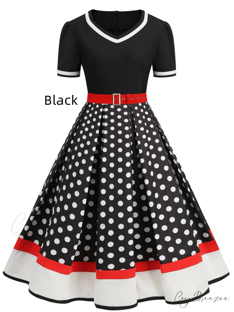 Vintage Polka Dot Rockabilly Dress - 1950s Style Short Sleeves S / Blue