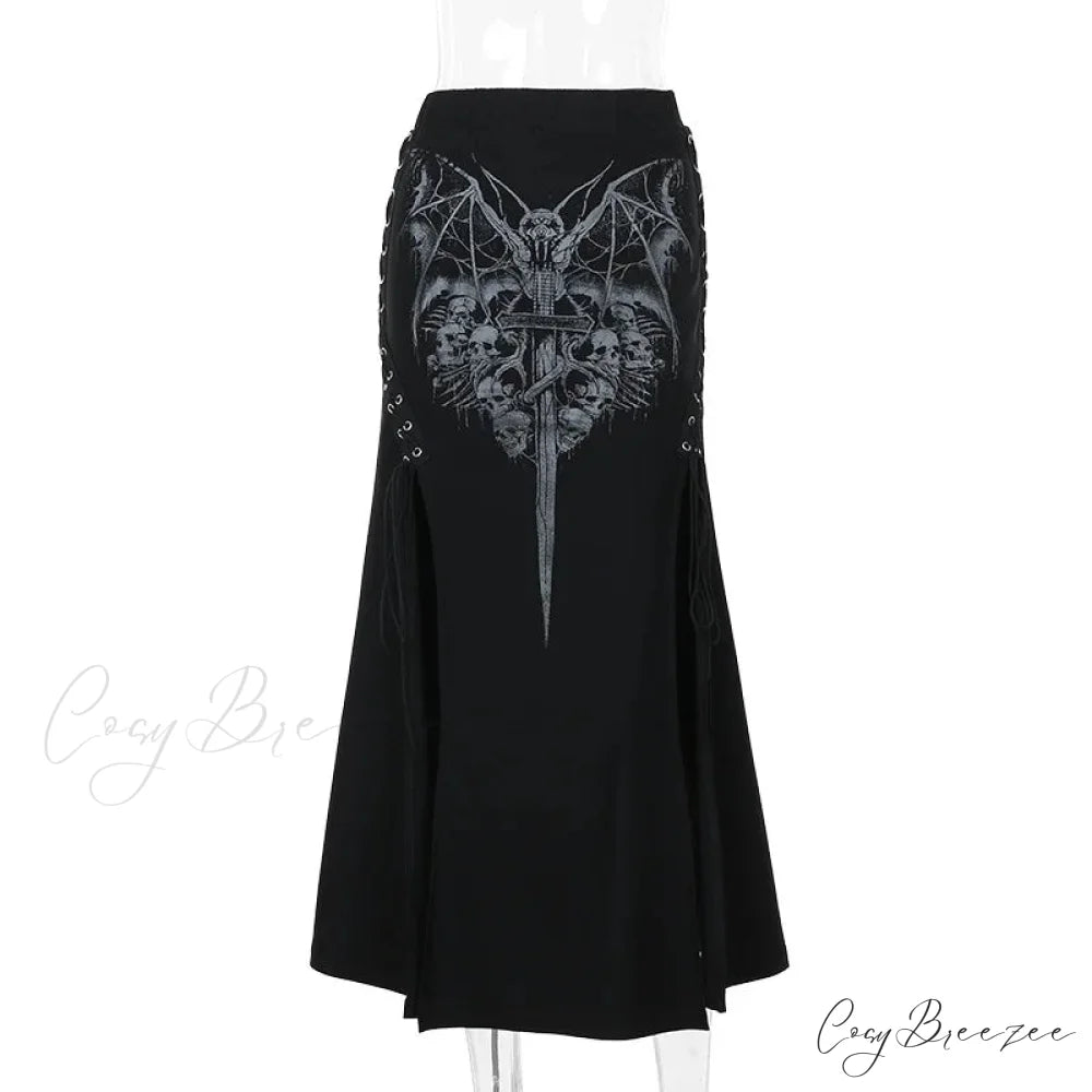 Vintage Print High Waist Mermaid Maxi Gothic Long Gothic Print Sexy High-slit Skirt Black / S