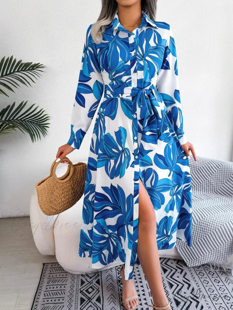 Vintage Print Shirt Maxi Floral Dress Blue / S oldfloraldress-250126