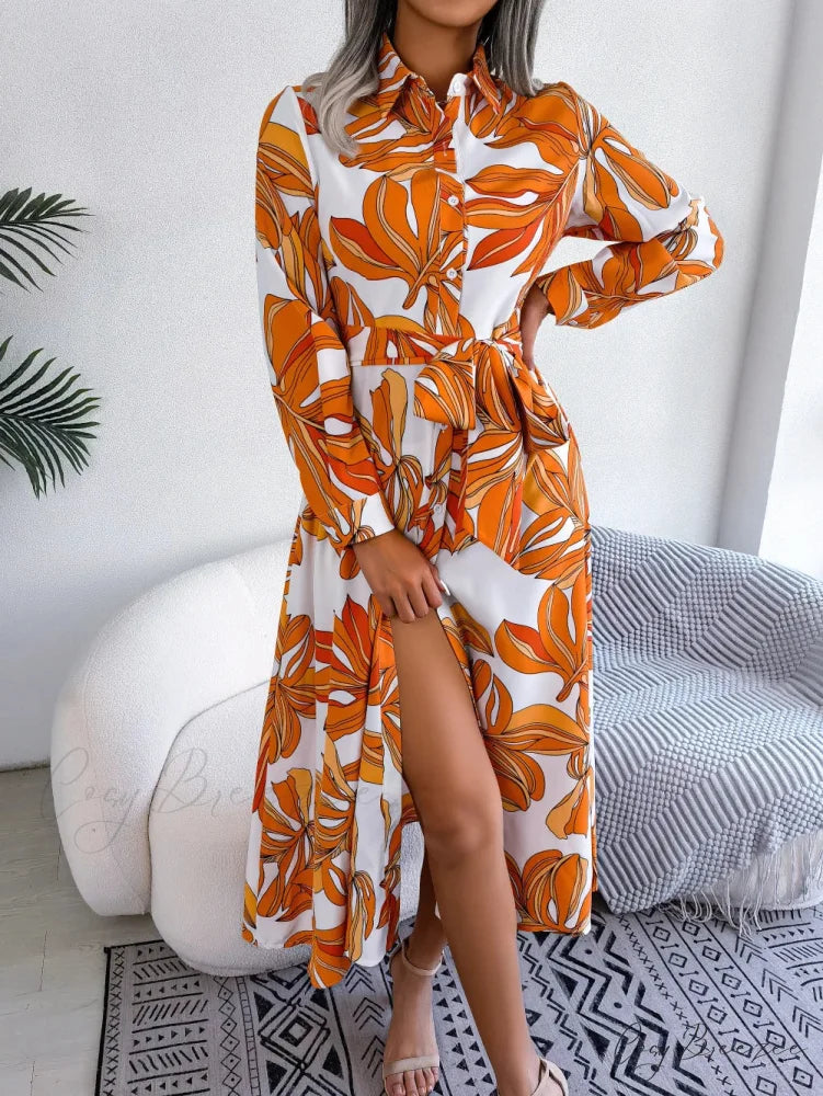Vintage Print Shirt Maxi Floral Dress Orange / S oldfloraldress-250126