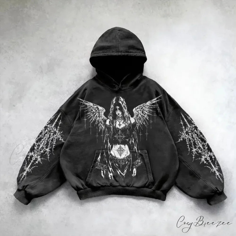 Vintage Print Zip-Up Hoodie black 3 / M hoodies-241228