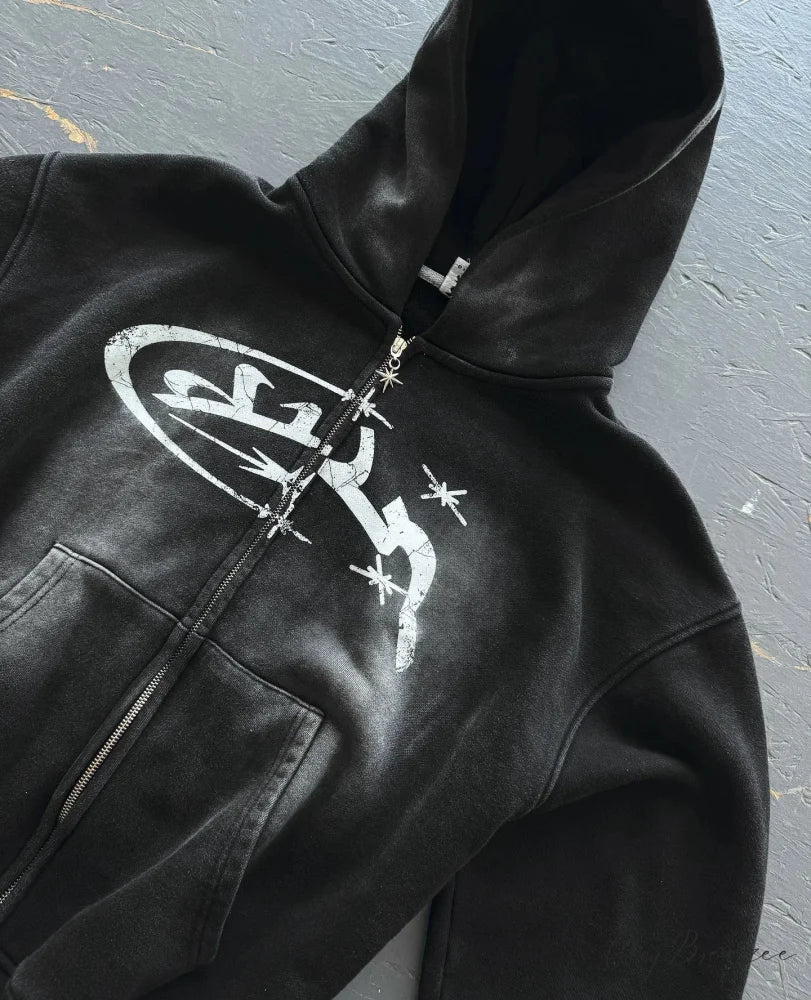 Vintage Print Zip-Up Hoodie hoodies-241228