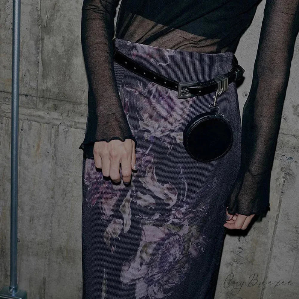 Vintage Purple Floral Print Slit Autumn Skirt skirt-250126