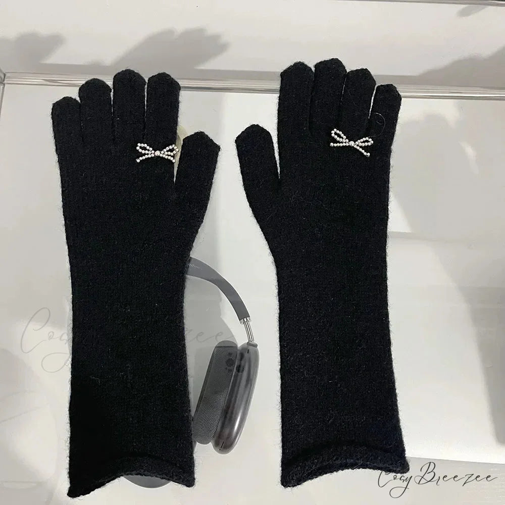 Vintage Red Wool Rabbit Full Finger Mittens for Winter Warmth Black / One Size
