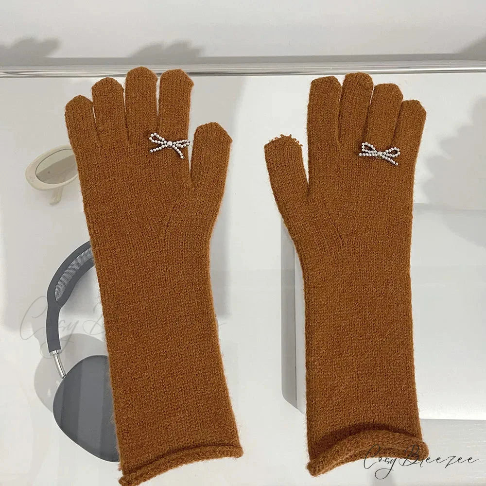 Vintage Red Wool Rabbit Full Finger Mittens for Winter Warmth Brown / One Size