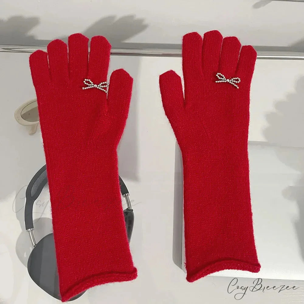 Vintage Red Wool Rabbit Full Finger Mittens for Winter Warmth Red / One Size