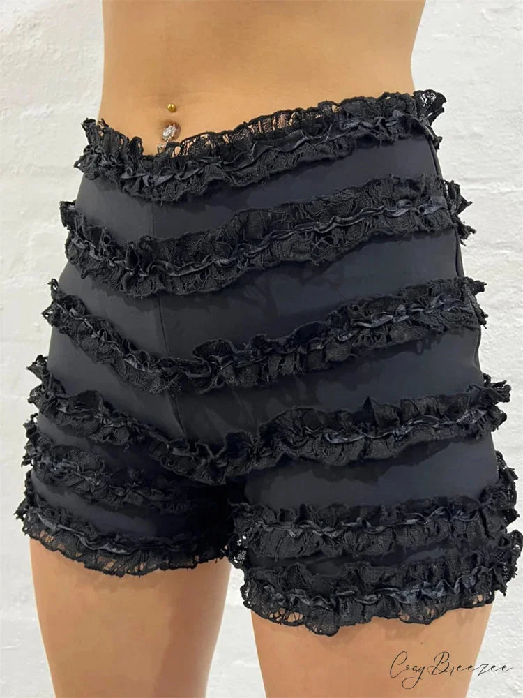 Vintage Ruffled High Waist Shorts Black / S short-250223