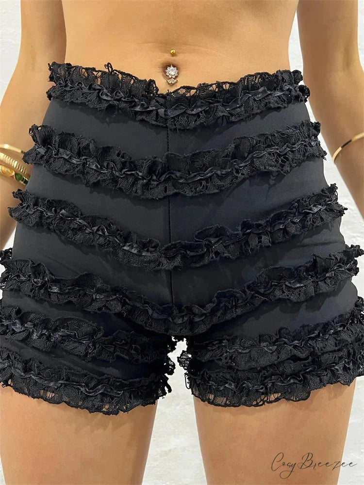 Vintage Ruffled High Waist Shorts short-250223