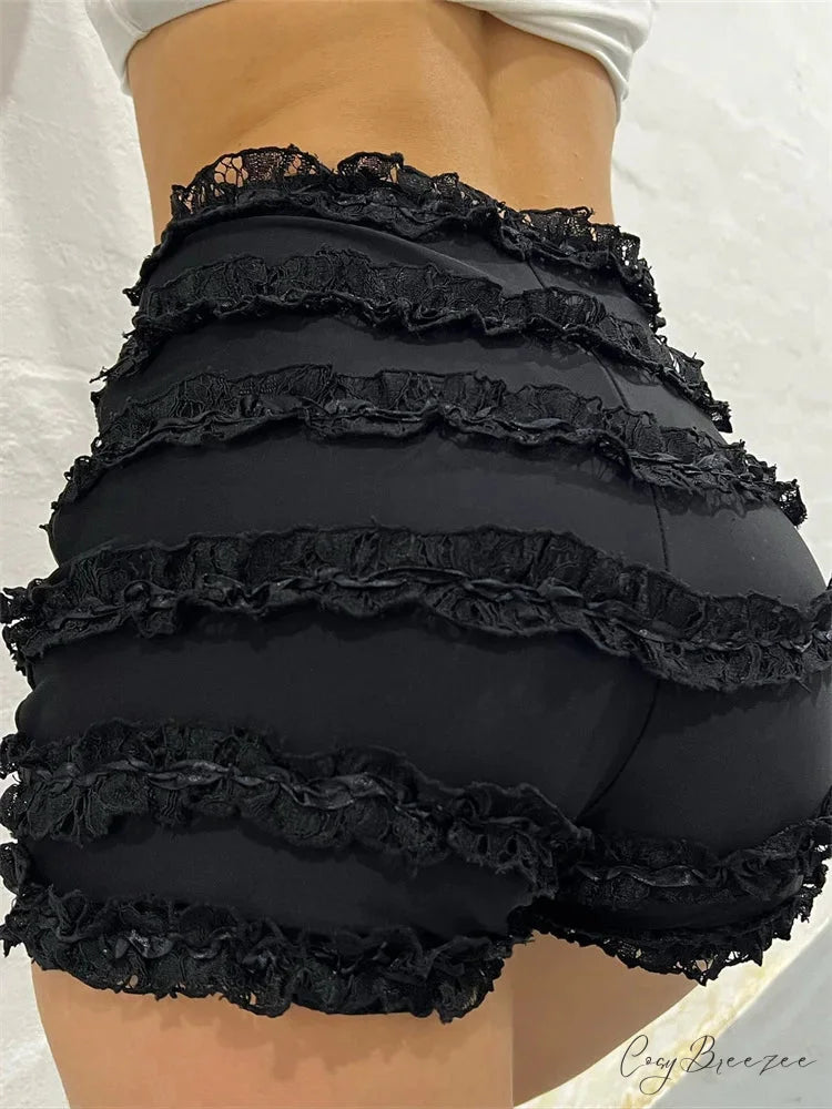 Vintage Ruffled High Waist Shorts short-250223