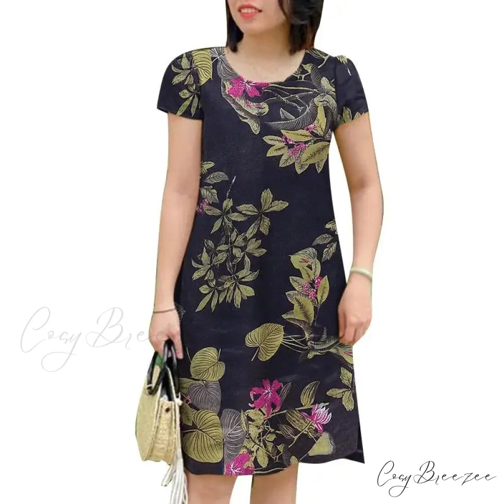 Vintage Short Sleeve Floral Holiday Dress DEEP BLUE / S oldfloraldress-250126