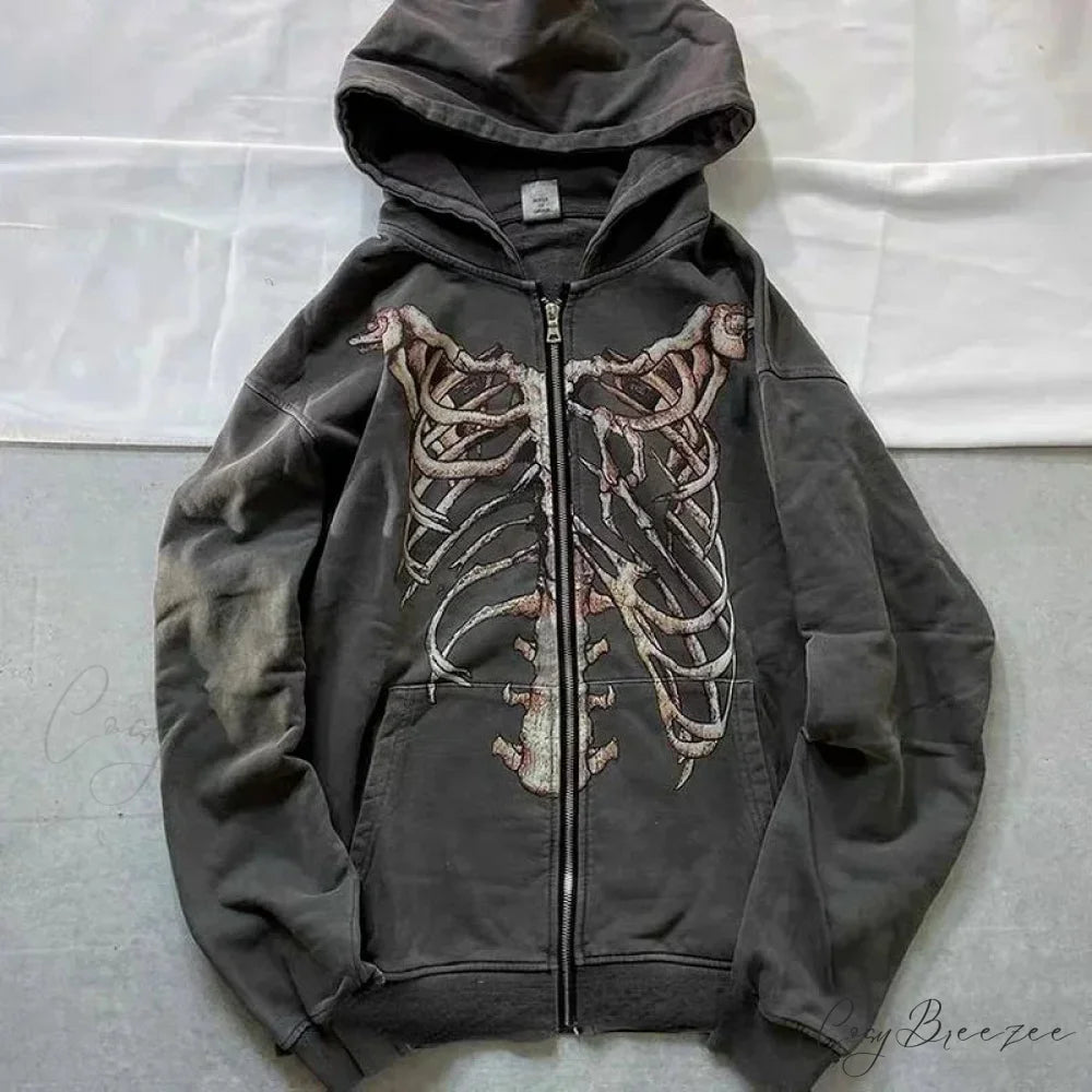 Vintage Skull Rose Print Hoodie black 15 / S hoodies-241228