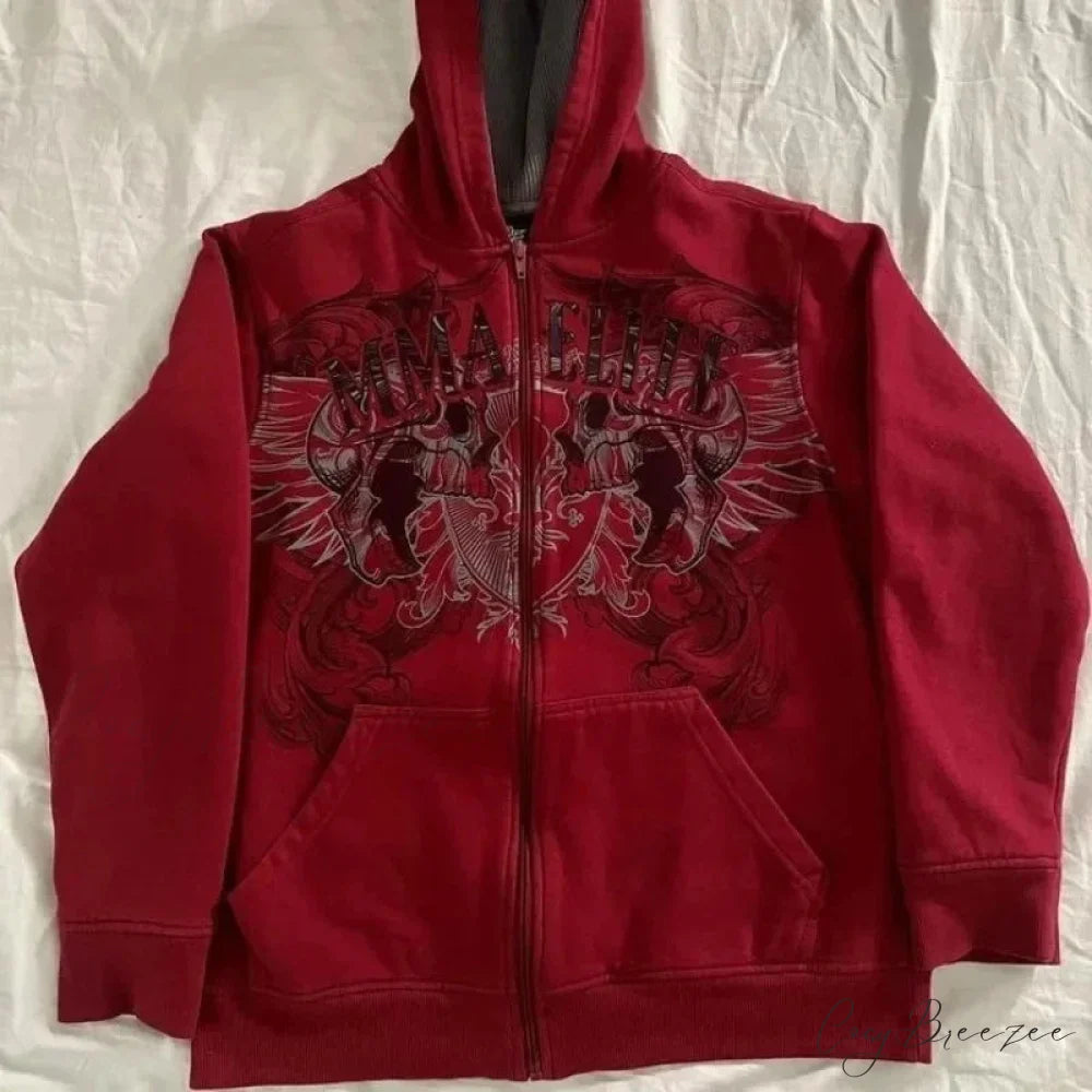 Vintage Skull Wing Zip-Up Hoodie hoodies-241228