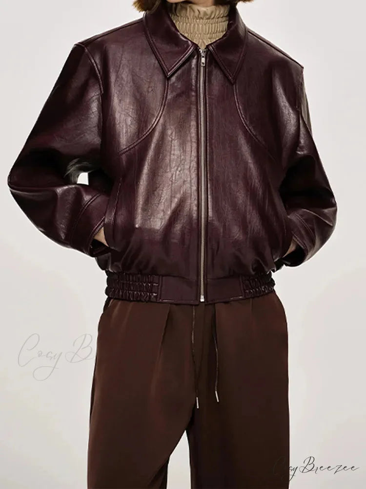 Vintage Solid PU Leather Coat coats-241228