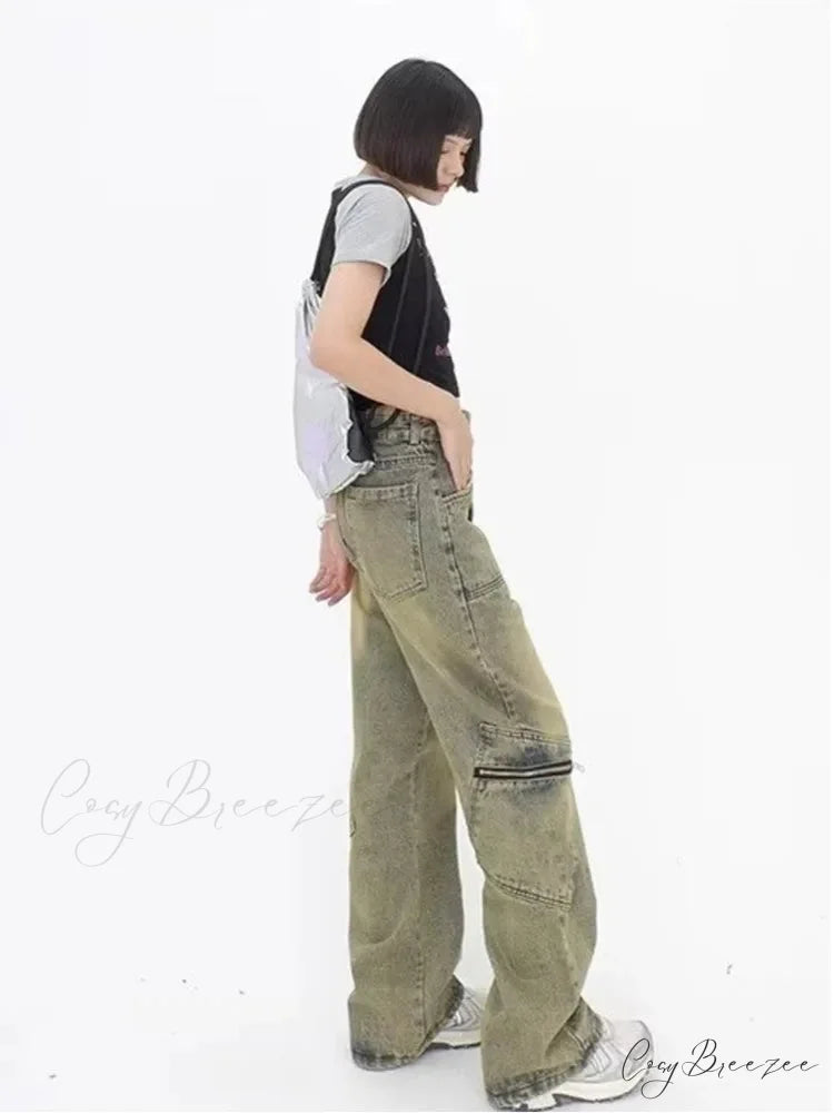 Vintage Street Deconstructed Yellow Mud Dyed Old Loose Wide Leg Women’s Jean