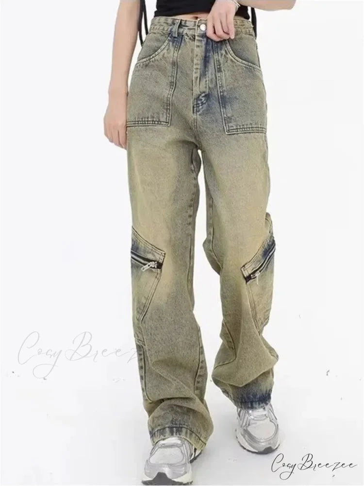 Vintage Street Deconstructed Yellow Mud Dyed Old Loose Wide Leg Women’s Jean Yellow mud Color / S