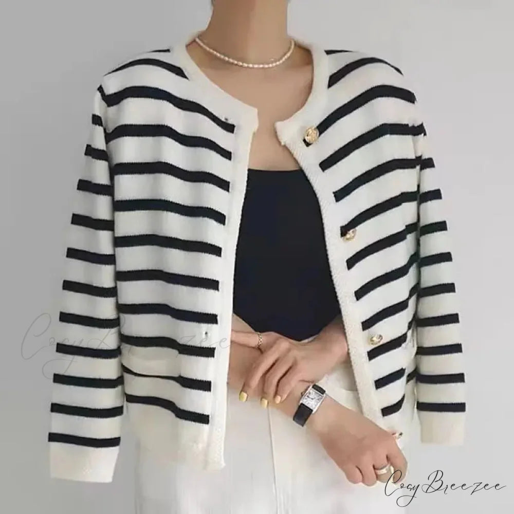 Vintage Striped Loose Knitting Simplicity Knit Cardigan cardiagn-250126